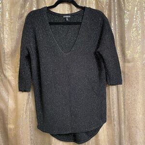 Express Black Metallic Gold Knit 3/4 Sleeve V Neck Cozy Sweater Small